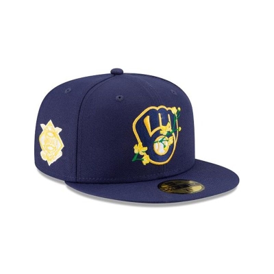 Blue Milwaukee Brewers Hat - New Era MLB Side Patch Bloom 59FIFTY Fitted Caps USA5134769